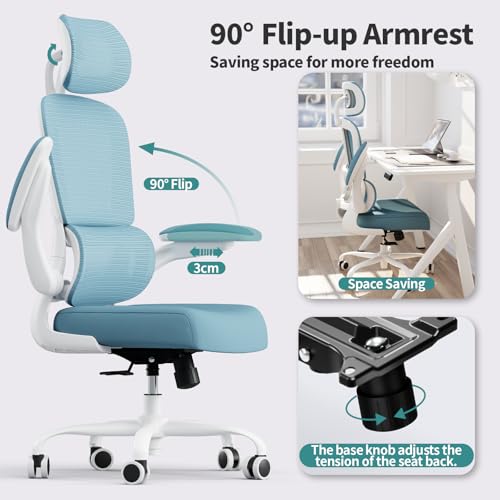 TRALT Office Chair Ergonomic Desk Chair - Gaming Chair with Lumbar Support | 330 LBS Home Office Desk Chairs with Headrest, Reading Chair with Flip-up Armrests, Comfortable Computer Chairs (1, Sky Blue) - color: Sky Blue