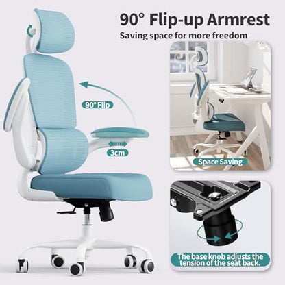 TRALT Office Chair Ergonomic Desk Chair - Gaming Chair with Lumbar Support | 330 LBS Home Office Desk Chairs with Headrest, Reading Chair with Flip-up Armrests, Comfortable Computer Chairs (1, Sky Blue) - color: Sky Blue