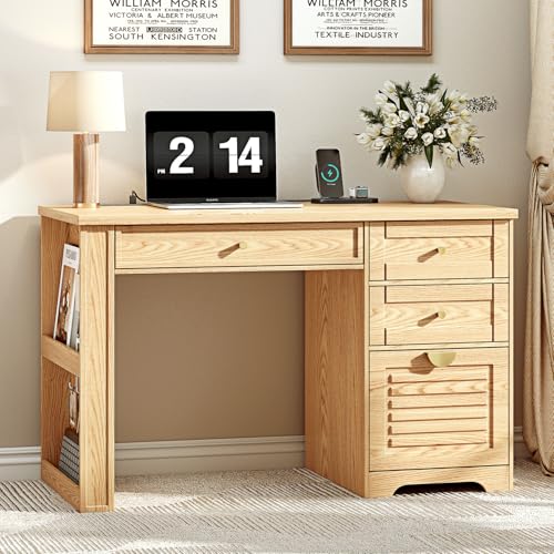 Ieejdn 47" Home Office Desks, Executive Desk, Farmhouse Computer Desk with Drawers and Charging Station, File Drawer, Storage Cabinet, Rustic Computer Writing Desk,Antique Natural - color: Natural, size: 47.24"