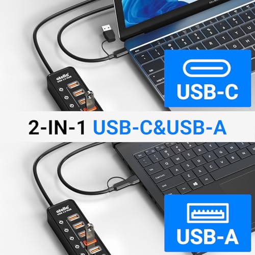 Powered USB Hub 3.2, atolla 8-Port USB 3.2/USB C Hub, Powered USB C Hub with 7 USB-A 10Gbps ports +1 Smart Charging port, Individual On/Off Switches, LEDs, 20W Power Adapter for PC/Laptop, Flash Drive - size: 8-Port USB 3.2 Hub