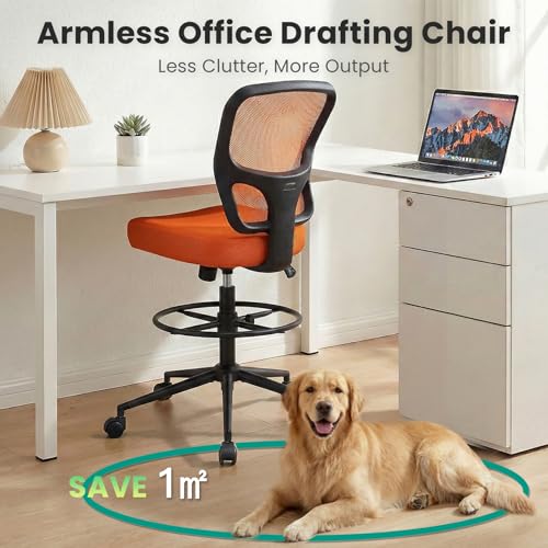 Armless Drafting Chair Tall Office Chair for Standing Desk - Adjustable Height Mesh Ergonomic Stool with Foot Ring, Rolling Counter Height Computer Chair for Small Spaces & Home Office - color: Orange