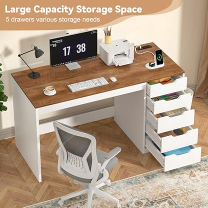 47 Inch Small Computer Desk with 5 Drawers and Outlets for Home Office - color: Brown and White, size: 47inch-5drawers