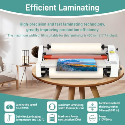 17.7inch Cold Hot Roll Laminator with 2 Rolls of Thermal Laminating Film (1 Inch Core, 0.8 mil,17.3in W×656ft L),V480 Laminating Machine, Single & Double-Sided Thermal Laminator,Digital Display, 110V