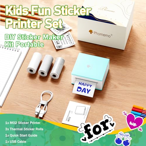 Phomemo Mini Sticker Printer, M02 Sticker Maker Machine for Kids | Bluetooth Thermal Mini Printer with 3 Rolls Paper, Mini Impresora Portátil, Pocket Printer for Gifts, DIY, Journals, Photos - color: Cyan