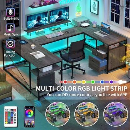 YITAHOME U Shaped Desk with Power Outlets & LED Lights, 79" Reversible L Shaped Desk with Drawers, Corner Computer Desk Office Desks with Monitor Stand & Storage Shelves, Grey