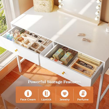 SUPERJARE 43-inch White Desk with 2 Drawers and Padded Stool - color: White, size: 43.3 inch