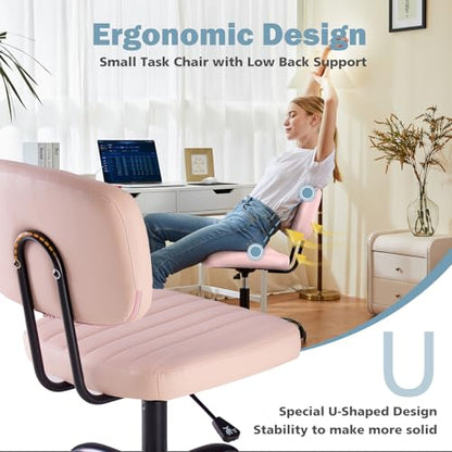 DUMOS Armless Home Office Chair: Small Desk Chair with Low Back Lumbar Support, Height Adjustable PU Leather Computer Task with 360° Swivel Wheels, for Adults, Pink - color: Pink