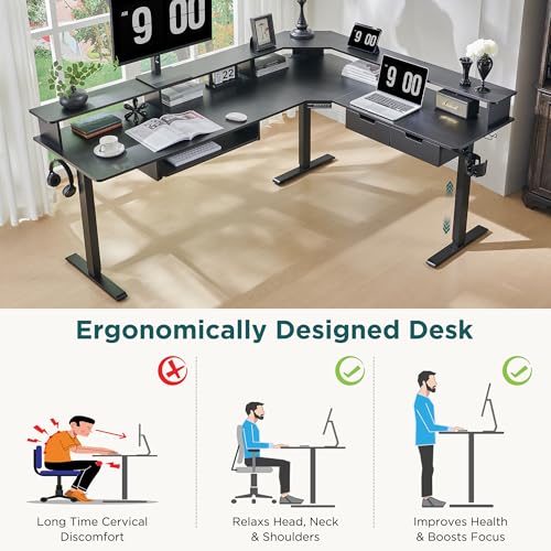 RedLemon 75x60 Inches L Shaped Electric Standing Desk, Carbon Fiber Black - color: Carbon Fiber Black, size: 75"X60"
