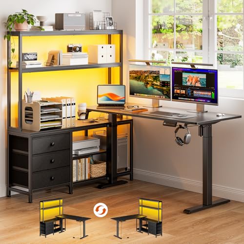 REAHOME 65Inch Black L Shaped Standing Desk with Drawers and Hutch | Charging Station, RGB LED lights, Reversible Desk, File Drawer& Storage Cabinet for home office, Dual Motor Sit Stand Frame - color: Black