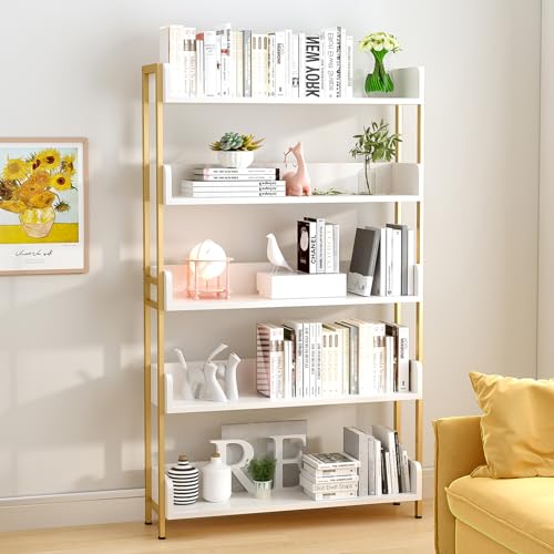 OSCHF Wide Open Shelf Bookcase, 5-Tier, White with Gold Frame - size: 5-Tier