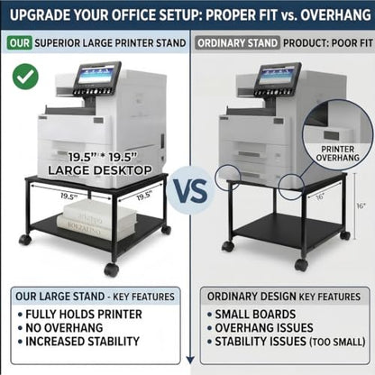2-Tier Under Desk Printer Stand, 19.5" x 19.5" Large Rolling Printer Cart - color: Black, size: 2-Tier