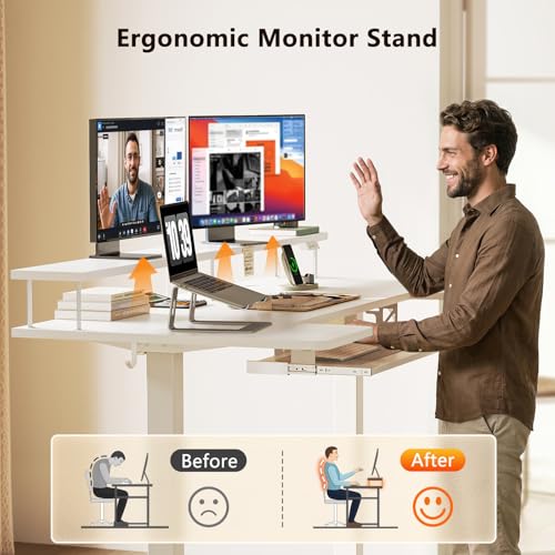 63 Inch U Shaped Electric Standing Desk with Keyboard Tray, White | Power Outlet, Monitor Stand, LED Light, 3 Presets, 28.3"-46.5"in Range, 154 lb Capacity - color: White, size: 63 Inch