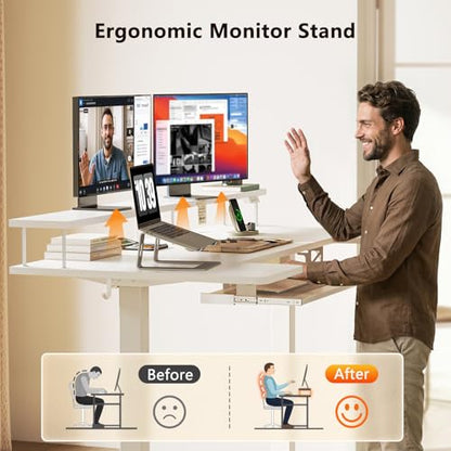 63 Inch U Shaped Electric Standing Desk with Keyboard Tray, White | Power Outlet, Monitor Stand, LED Light, 3 Presets, 28.3"-46.5"in Range, 154 lb Capacity - color: White, size: 63 Inch