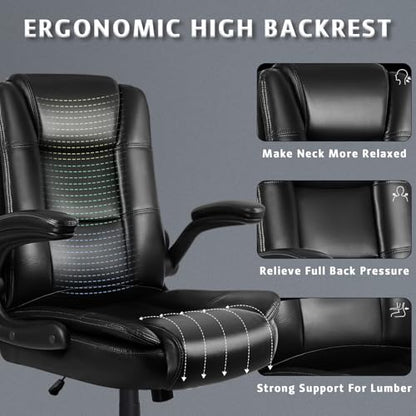 LEMBERI Flip-up Arms Office Desk Chair Big and Tall Managerial Executive Chair, High Back Computer Chair Ergonomic Adjustable Height PU Leather Chairs with Armrest for Long Time Sitting - color: New Black