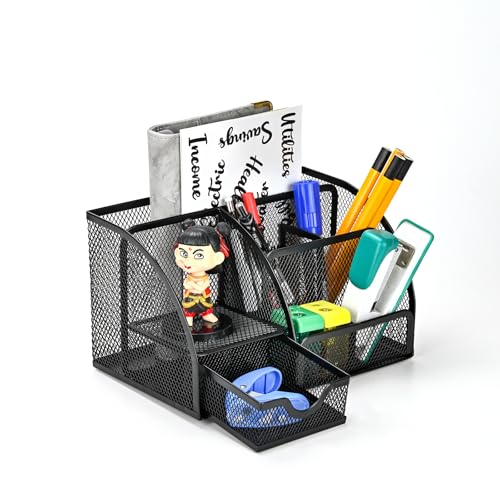 Desk Organizer Stationery Storage, Pencil Holder for Desk, Wire Mesh Office Supplies Journals Notebooks Organizers with 7 Compartments and Mini Drawer (Black) - style: 7 Compartments