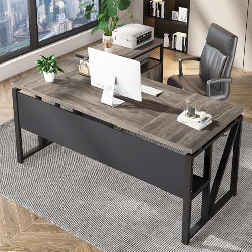 Tribesigns 63" Executive Desk with Reversible File Cabinet, Large L-Shaped Office Desk with Drawers, Business Furniture Workstation for Home Office (Dark Oak, 63-inch) - color: Light Grey