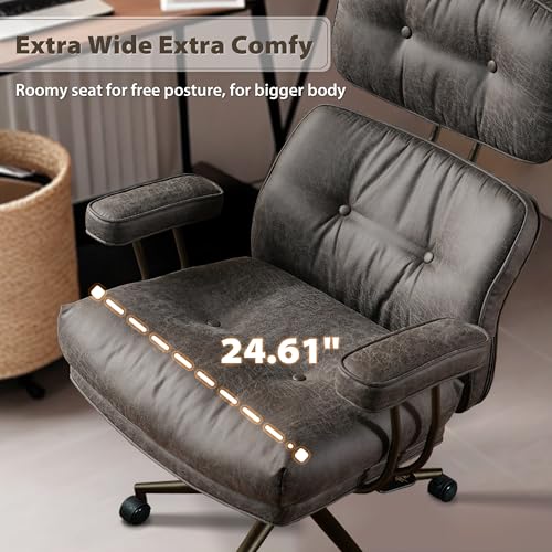 HOOOWOOO Ergonomic Mid Century Modern Office Chair, Comfy Executive Chair with Extra Wide Tufted Cloudy Seat, Lumbar Support, High Reclining Back, Suede Leather Grey - color: Charcoal Gray-cloudy Seat, size: High Back