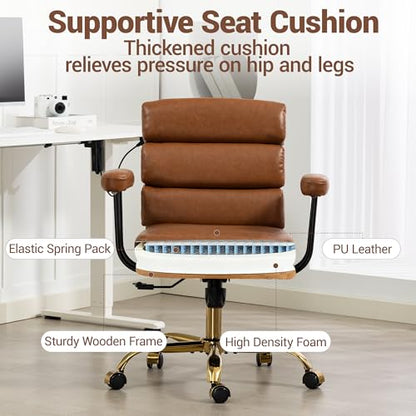 Leather Office Chair with Wheels,Ergonomic Swivel Rolling Task Chair,Padded Seat and Armrests,Adjustable Height Home Desk Chair,Executive Computer Chair, Gold Base Makeup Vanity Chair,Light Brown - color: Brown