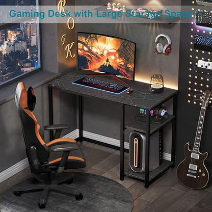 SINPAID Computer Desk 40 inches with 2-Tier Shelves Sturdy Home Office Desks with Large Storage Space Modern Gaming Desk Study Writing Laptop Table, Black Marble - color: Black Marble, size: 40 IN