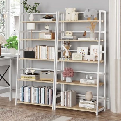 JSB 5 Tier Bookshelf, No Assembly Folding Ladder Bookshelf, 51.6in Tall Foldable Ladder Shelf, Bookcase for Home Office, Living Room,Space-Saving (Natural & White, 5 Tier) - color: Natural & White