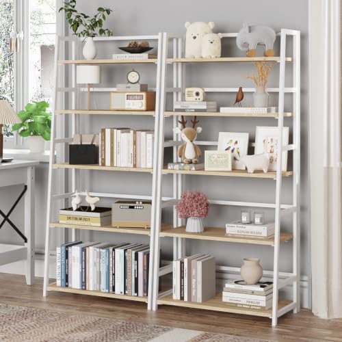 JSB 5 Tier Bookshelf, No Assembly Folding Ladder Bookshelf, 51.6in Tall Foldable Ladder Shelf, Bookcase for Home Office, Living Room,Space-Saving (Natural & White, 5 Tier) - color: Natural & White