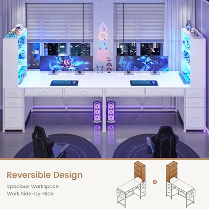 SEDETA Computer Desk with 5 Drawers and Bookshelf, Reversible Home Office Desk with Storage Shelves and File Drawer, Gaming Desk with LED Lights for Small Spaces, White - color: White