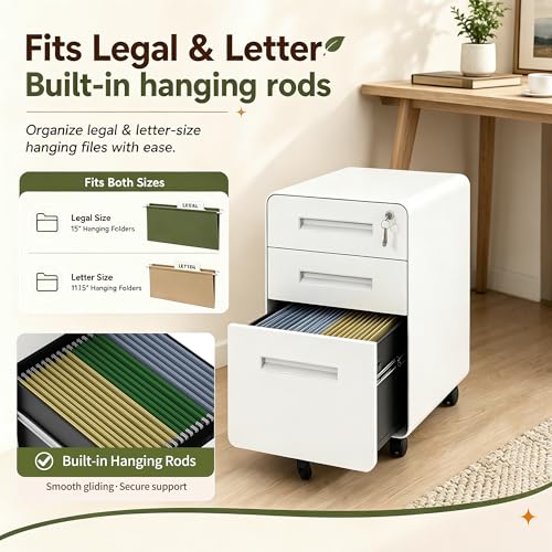 SAWJEC 3 Drawer File Cabinet with Lock, Rolling Under Desk Storage, White - color: 02l-white