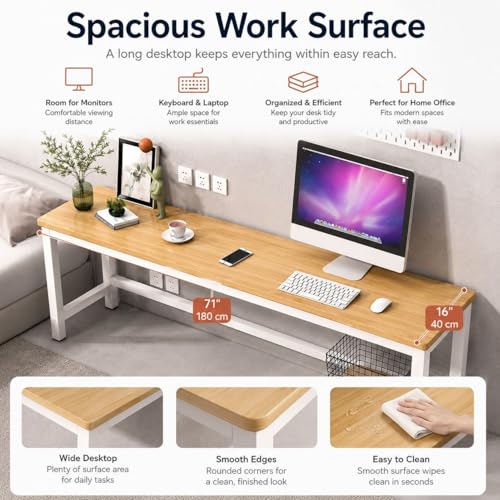 LAKIQ Rectangular Home Office Computer Desk, Manufactured Wood Top Narrow Writing Desk, Small Narrow Computer Table Workstation with Crossbeam, Without Chairs (White-Gray, 78.7" L x 23.6" W x 29" H) - color: White-gray, size: 78.7"L x 23.6"W x 29"H