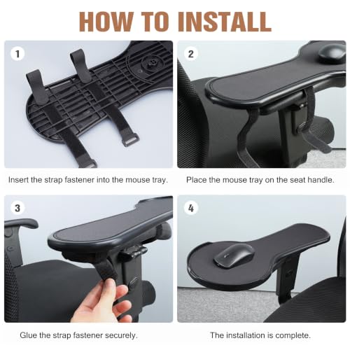 Ergonomic Adjustable Arm Rest Mouse pad for Chair, Strap Fastener | Mouse Extension Platform Tray with Mouse Baffle to Prevent Falling, Attaches to Chair, Black (Black（YYLL8326）)