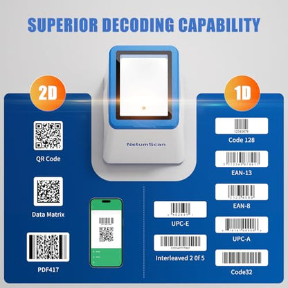 NetumScan Desktop Barcode Scanner, Omnidirectional QR Reader for Retail