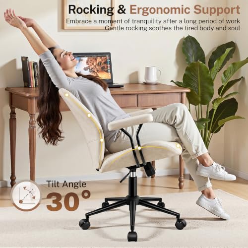 Leather Office Chair with Removable Armrests, Mid Back Ergonomic Desk Chair with Lumbar Support, Adjustable Height Rocking Swivel Executive Chair for Home Office, White - color: White