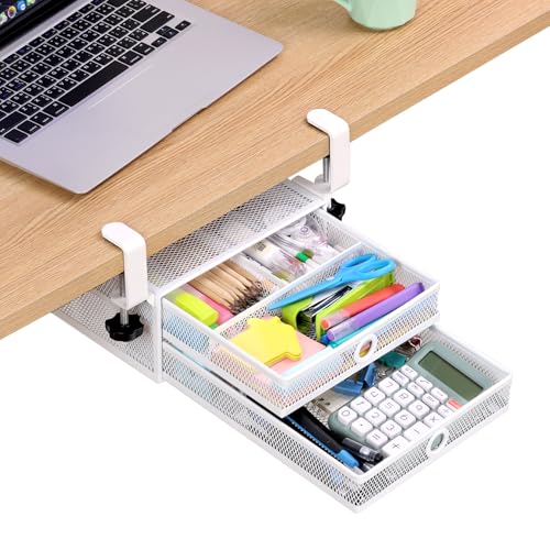 Under Desk Drawer, Clamp on Desk Organizer Slide Out Table Storage No Drill | 2Tier Under desk drawer: clamp on desk organizer, under desk drawer slide out, hanging desk organizer, no drill table storage - color: White - 2 Tier