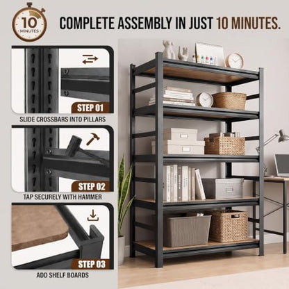 5 Tier Wooden Bookshelf, Heavy Duty Adjustable Tall Bookcase | 3000 LBS Bolt-free Storage Shelves with Deep Bookshelf for living Room, Office and Garage Storage - size: Wooden 35.4"Wx 15.7"Dx 71.2"H