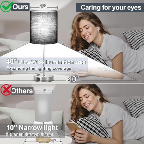 Lynnoland Set of 2 Touch Control Table Lamps with 2 USB & AC Outlet, 3-Way Dimmable Bedside Nightstand Lamps for Bedroom Living Room Nursery, 800 Lumens 5000K Daylight Bulbs Included - color: Black & Brushed Nickel (Base) - 5000K