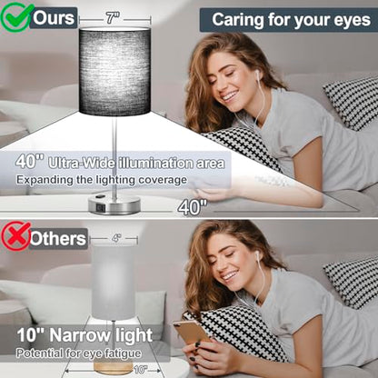 Lynnoland Set of 2 Touch Control Table Lamps with 2 USB & AC Outlet, 3-Way Dimmable Bedside Nightstand Lamps for Bedroom Living Room Nursery, 800 Lumens 5000K Daylight Bulbs Included - color: Black & Brushed Nickel (Base) - 5000K
