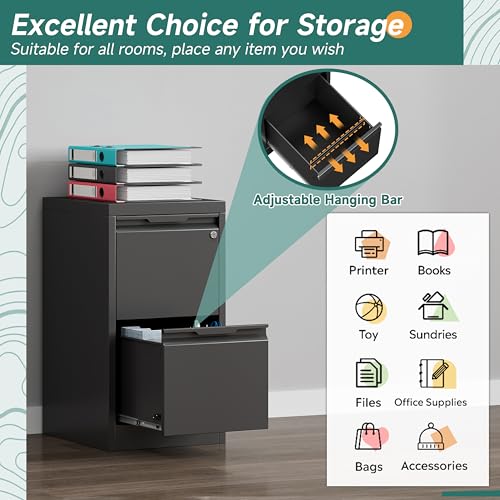 2 Drawer Metal Vertical File Cabinet with Lock for Home Office | 17.8 Inch Depth,Under Desk Small Filing Cabinet,Adjustable Hanging Bar,Fits Letter & Legal Size Files,Easy to Assemble,Black - color: Black, size: 17.8"D x 15"W x 25.8"H（2 Drawers）