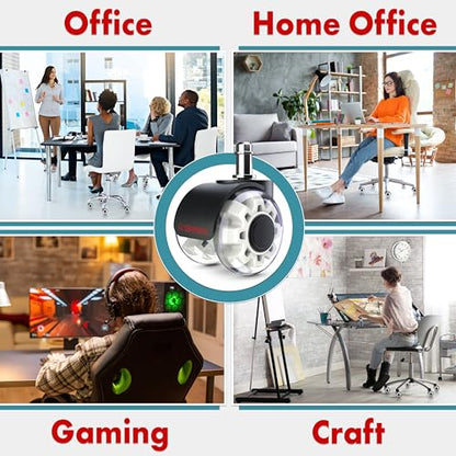 Office Chair Wheels Replacement Set of 5 - Dual 2 Inch Soft Chair Casters for Hardwood Vinyl Tile - Heavy Duty & Safe for All Floors - Universal Fit Most Computer Gaming & Desk Chairs - White - style: White / Transparent