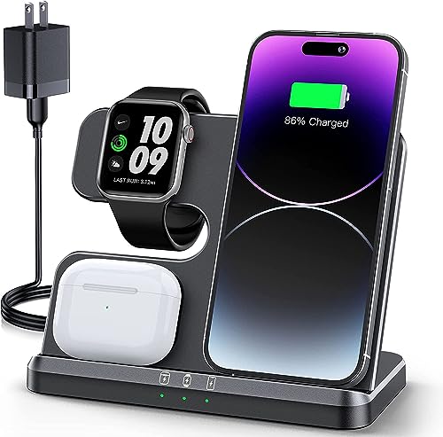 JARGOU 3 in 1 Charging Station for Apple Wireless Charger for iPhone 17 16e 16 15 14 13 12 11 X 8 & for iWatch Charger Wireless Charging Station for Multiple Devices for AirPods 2/3/4/Pro/Pro 2/Pro 3 - color: Black