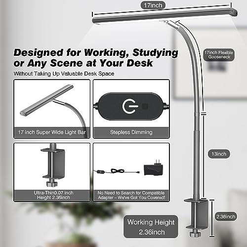 Airlonv LED Desk Lamp with Clamp, 17" Stepless Dimming Light, Grey - color: Gray, size: Standard