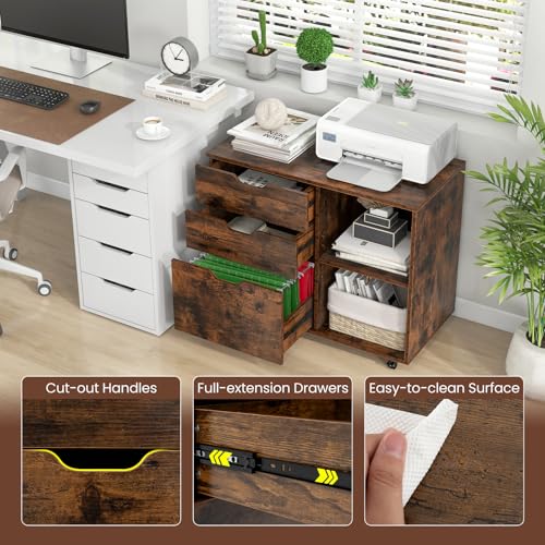 LOKO 3-Drawer File Cabinet, Rolling Lateral Filing Cabinet (Rustic Brown) - color: Rustic Brown
