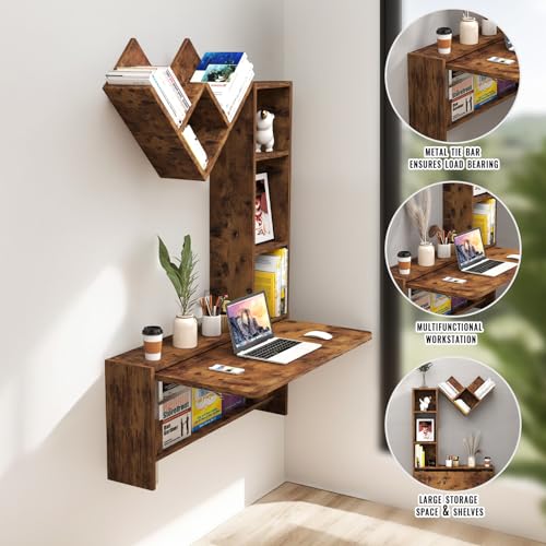 Folding Wall Mounted Drop Leaf Table, Foldable Desk with Moveable Cabinets, Floating Laptop with Convertible Storage Shelves, Multifunctional Computer Workstation in Home for Space Saving - color: Rustic Brown
