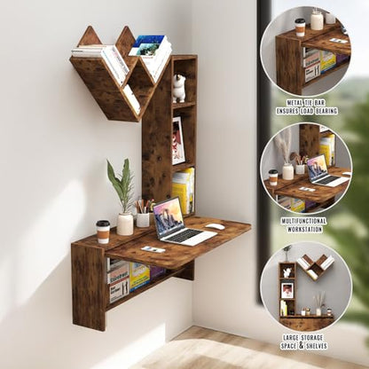 Folding Wall Mounted Drop Leaf Table, Foldable Desk with Moveable Cabinets, Floating Laptop with Convertible Storage Shelves, Multifunctional Computer Workstation in Home for Space Saving - color: Rustic Brown