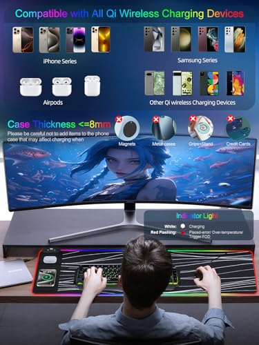 XXL Mouse Pad with Phone Holder - Black, RGB Desk Mat with 15W Fast Charging, LED Gaming Mousepad with 11 Light Colors, Waterproof Non-Slip Pad for Office & Home (Wave) - color: Wave