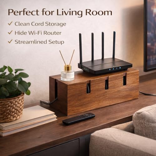 Large Acacia Wood Cable Management Box for Power Strips - color: Natural Brown