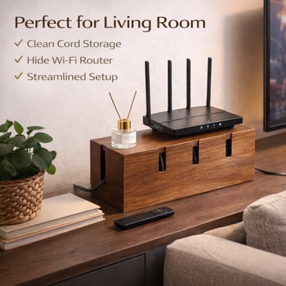 Large Acacia Wood Cable Management Box for Power Strips - color: Natural Brown