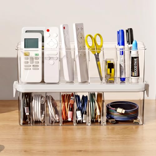 2 Pack Cable Organizer Box with Lid, Charge Cord Storage Organizer | Stackable Cable Storage Box, Fixed Dividers, No Cable Ties, Clear Dustproof Wire Management for Home Office Electronics