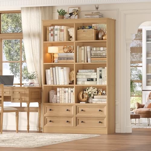 71" Tall Bookshelf with 4 Drawers Large Bookshelf Office Bookcase | 6-Tier Double Wide Bookshelves and Bookcases with Storage, Tall Bookshelf Standing Book Cabinet for Home Office, Natural - color: Natural