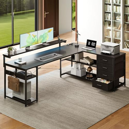 AODK 69" L Shaped Computer Desk with 4 Drawers, LED Lights, Black - color: Black, size: 69 inches