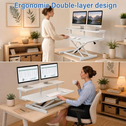 37" Height Adjustable Standing Desk Converter, 4.9" to18.5 Height Adjustable Sit Stand Up Desk Riser with Secondary Desks, Desktop Workstation Riser for Home Office Computer Laptop, White - color: White