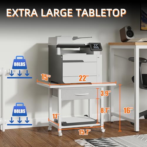 YAOHUOO 22"x15" Large Printer Stand with Drawer, 2-Tier Rolling Table Cart - color: White, size: 2-Tier
